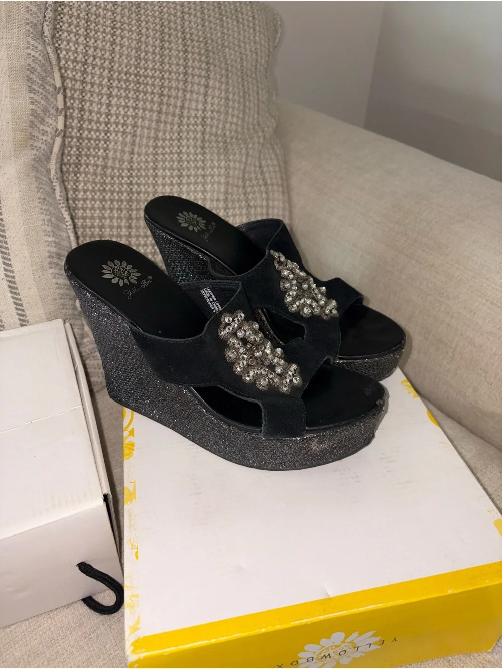 Yellow Box Black Jeweled Glitter Wedge Mules